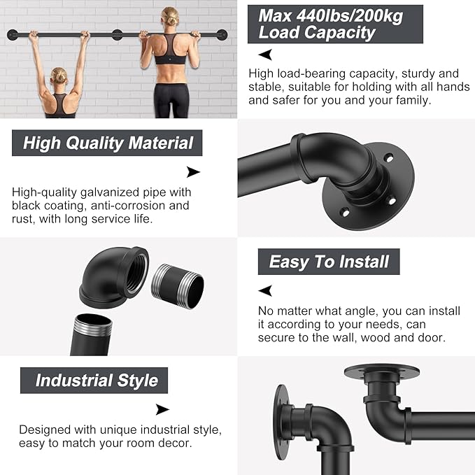 11.4FT Industrial Stair Railing Wall Mount Staircase Handrail φ1.3" Pipe Hand Rail for Steps Grab Bar Foot Rail Vintage Pipe Railing Black Deck Handrail for Outdoor Indoor Stairs Porch