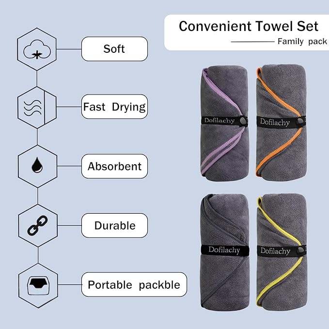 Dofilachy 4 Pack Camping Towel - Camping Towels Quick Dry Towel Microfiber Travel Sports Towel for Camp Bath Beach Swim, Large 24” x 48”