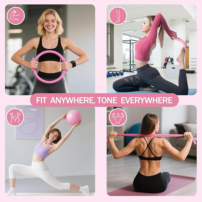 Home Pilates Essentials Kit for Women Pink Ring and Ball Pilates Set Equipment, Magic Circle with 5 Resistance Bands Premium Accessories Kits for Starter Toning Workouts at Home