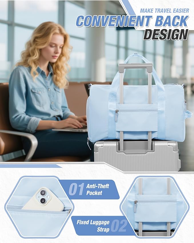 Gym Duffle Bag for Women Carry on Luggage Travel Essentials Airline Approved Personal Item 18x14x8 Inches Lightweight Weekender Sports Travel Duffel Bag with Shoe Compartment Wet Pocket Men LightBlue