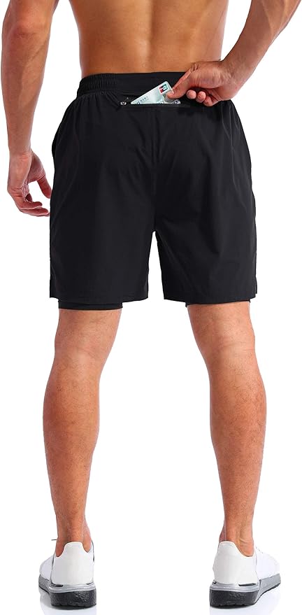 Pudolla Men’s 2 in 1 Running Shorts 5" Quick Dry Gym Athletic Workout Shorts for Men with Phone Pockets