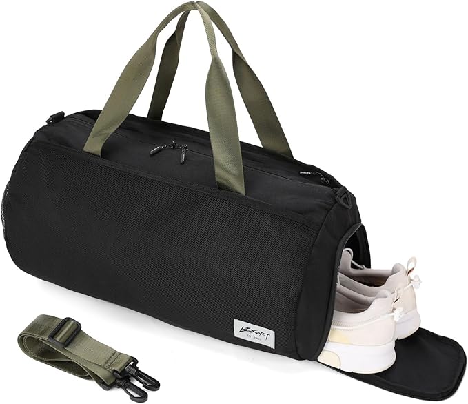 BE SMART Waterproof Mens Gym Bag with Shoe Compartment, Duffle Bag with Wet Pocket for Men, Lightweight Large Sport Duffel Bag With Tpu Pocket (Black/olive green with TPU pocket)