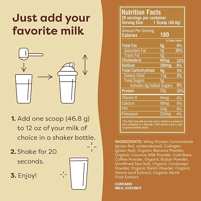 FlavCity Grass Fed Whey Protein Powder - Butter Coffee - 25g Protein, 10g Collagen & 87mg Caffeine - Made with Organic Reishi & Cordyceps - Gluten Free & No Added Sugars (20 Servings)