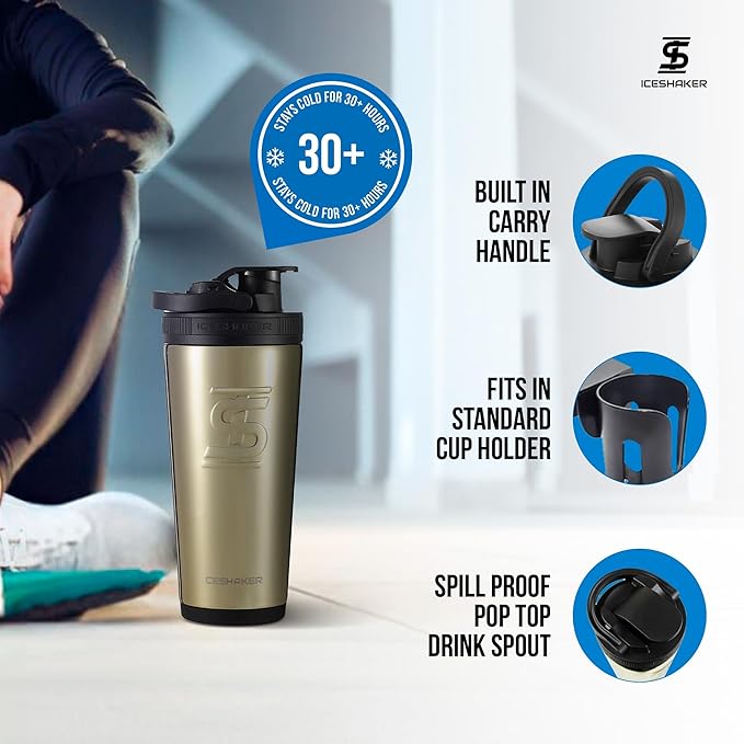 Ice Shaker Insulated Stainless Steel Shaker Bottle | 26oz, Gold | Cold for 30+ Hours | Insulated Cup with Twist-on Agitator | Odor-Free Bottle for Protein Shakes, Water, Smoothies, Cocktails