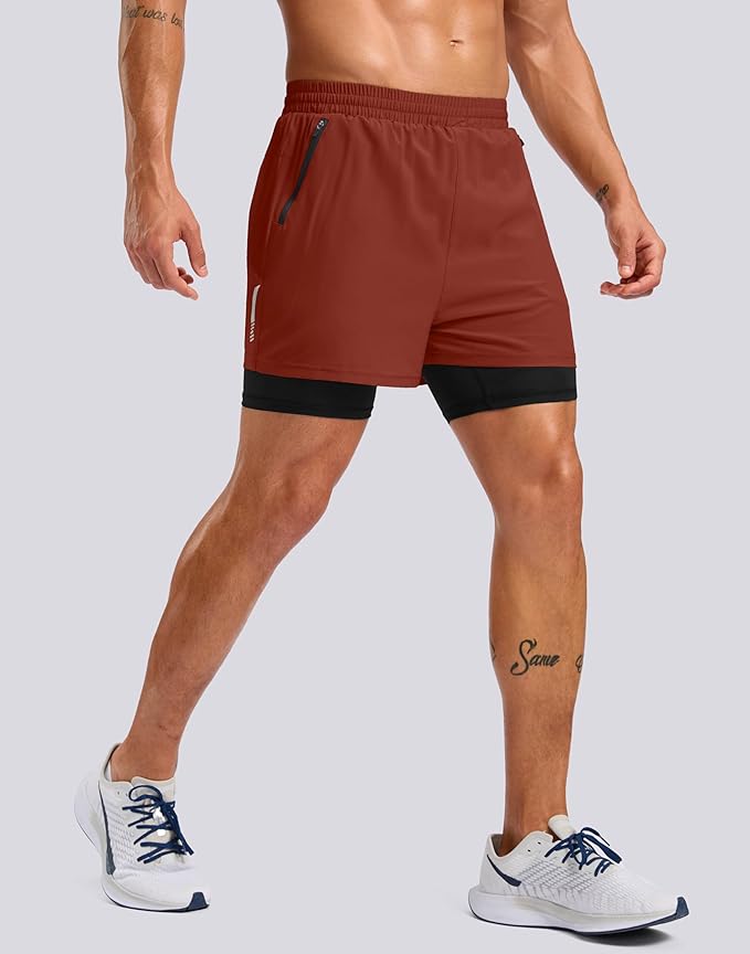 Pudolla Men's 7" Running Shorts with Zipper Pockets Quick Dry 2 in 1 Workout Gym Shorts with Liner for Tennis Yoga Training