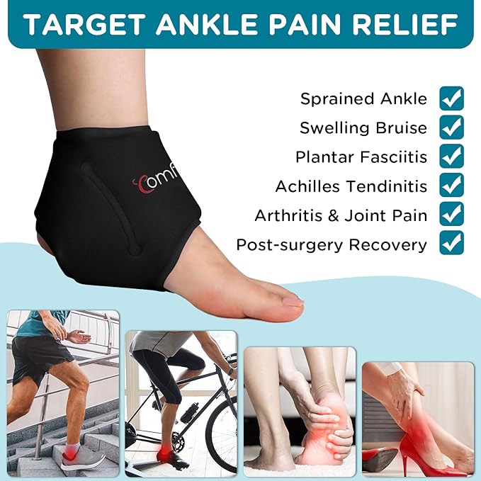 Comfytemp Ankle Ice Pack Wrap for Swelling, Plantar Fasciitis, Foot Pain Relief, Gel Packs for Injury Reusable, Hot Cold Compress for Achilles Tendonitis, Heel Spur, Sprain, Swelling, 2 Packs (Black)
