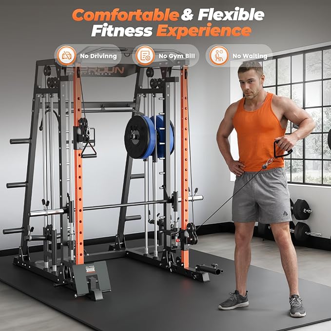 FEIERDUN Smith Machine Deadlift Power Cage FOR01,2200lbs Squat Rack for Home Gym,Dual LAT Pull Down & Cable Crossover Machine with Leg Hold-Down Attachment