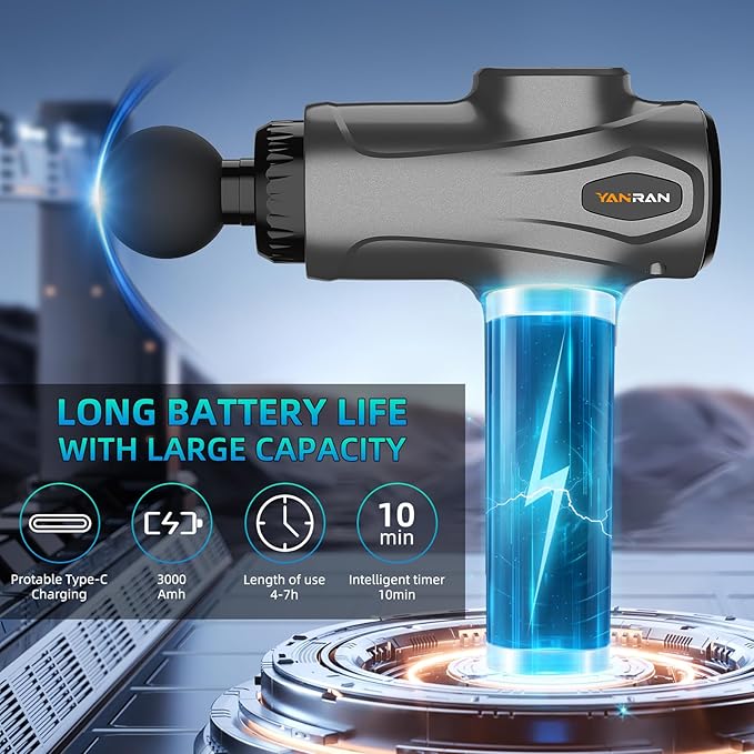 YANRAN Deep Tissue Massage Gun Portable, Percussion Massage Gun with 7 Levels & 6 Massage Heads, Electric Massager for Muscles Pain Relief, Gifts for Men Women Athletes for Sports and Relaxation