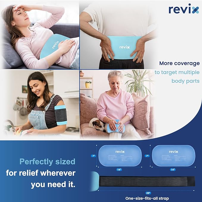REVIX Gel Ice Packs Reusable 14" x 7" – 2 Packs Flexible Cold Compress with Strap for Back, Shoulder, Hip, Thigh – Extra Large Ice Pack for Everyday Recovery & Cooling Relief