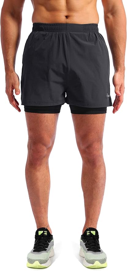 Pudolla Men’s 2 in 1 Running Shorts 5" Quick Dry Gym Athletic Workout Shorts for Men with Phone Pockets