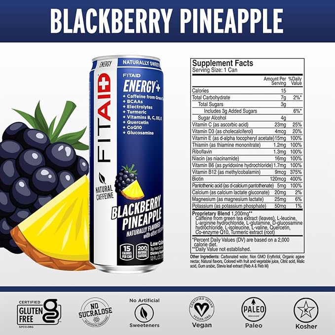 FITAID ENERGY, 200mg Natural Caffeine, Keto, Blackberry Pineapple, Omega-3s, 15 calories, Paleo, Vegan & Gluten-Free, No Artificial Sweeteners, 12-oz. cans (Pack of 12)