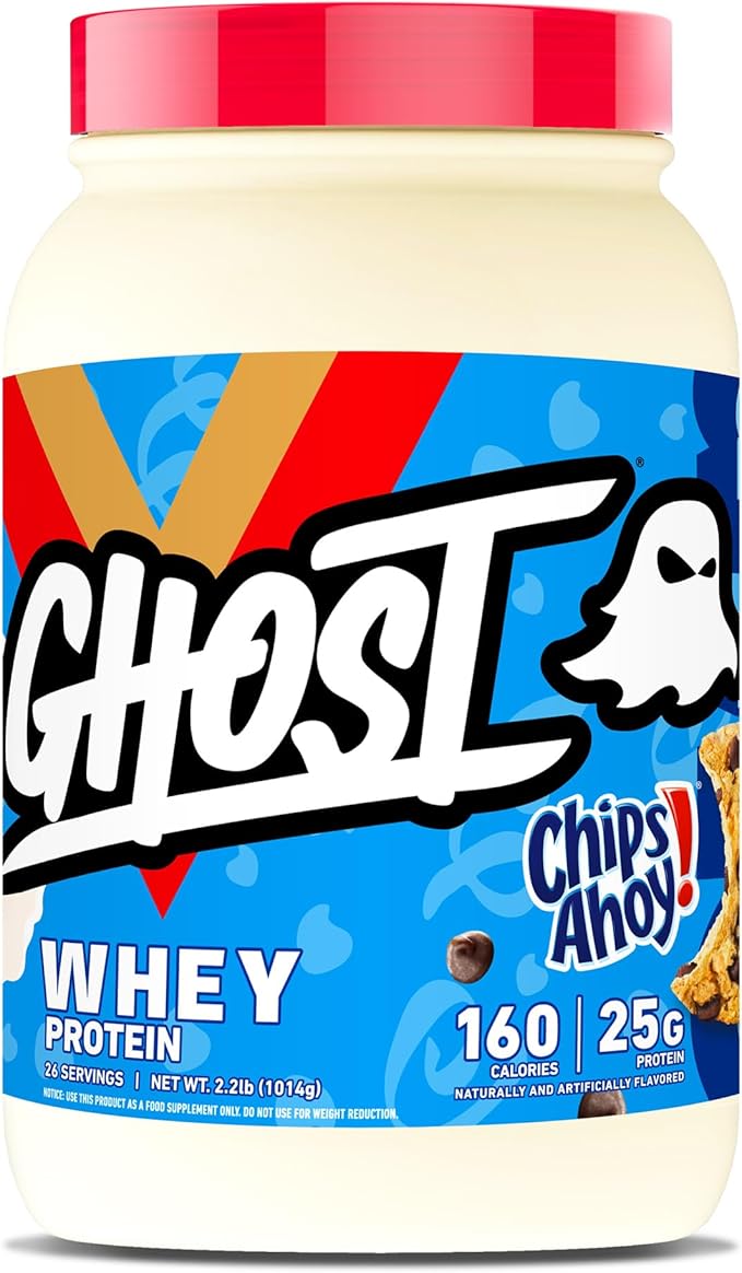 GHOST Whey Protein Powder, Chips Ahoy! - 2LB, 25G of Protein - Whey Protein Blend - ­Post Workout Fitness & Nutrition Shakes, Smoothies, Baking & Cooking - Cookie Pieces Inside