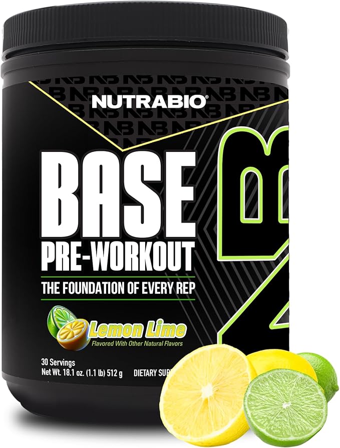 NutraBio Base Pre-Workout Powder 200mg Caffeine, Sustained Energy, Focus, Endurance, Pump, Sugar Free, Clean Preworkout for Men and Women - Beta Alanine, L-Tyrosine, 30 Servings - Lemon Lime