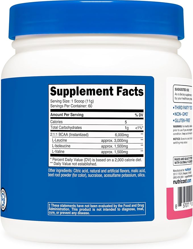 Nutricost BCAA Powder (Raspberry Lemonade, 60 Servings) - Optimal 2:1:1 Ratio