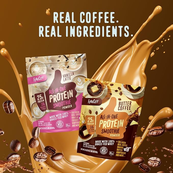 FlavCity Grass Fed Whey Protein Powder - Pumpkin Spice Latte - 25g Protein & 57mg of Caffeine - Made with Real Pumpkin & Organic Coconut Milk - Gluten Free & No Added Sugars (20 Servings)