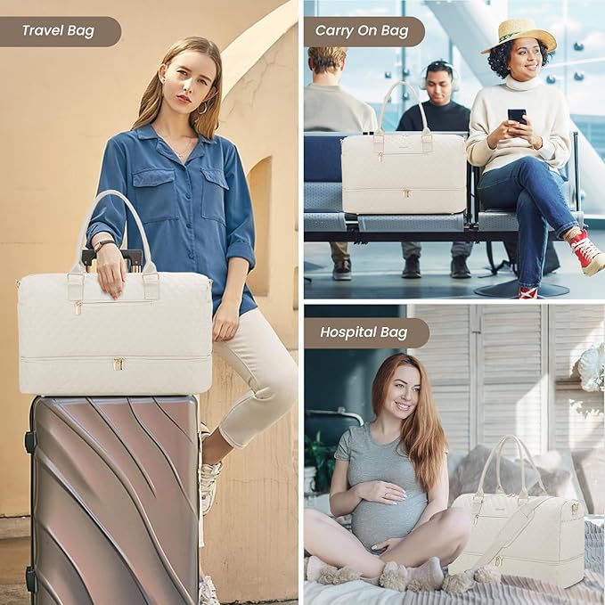 LOVEVOOK Travel Duffle Bag for Women, Weekender Overnight Bag with Shoe Compartment, Carry on Bag with Toiletry Bag, Gym Duffel Bag with Wet Pocket, Hospital Bags for Labor and Delivery 3 Pcs Set