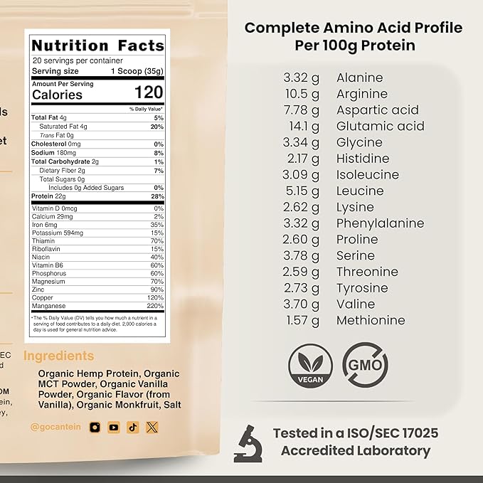 Organic Hemp Protein Powder, Plant Based and Vegan Protein Shake, Lactose and Dairy Free, Gluten Free, Clean and Natural- Vanilla (20 Servings)