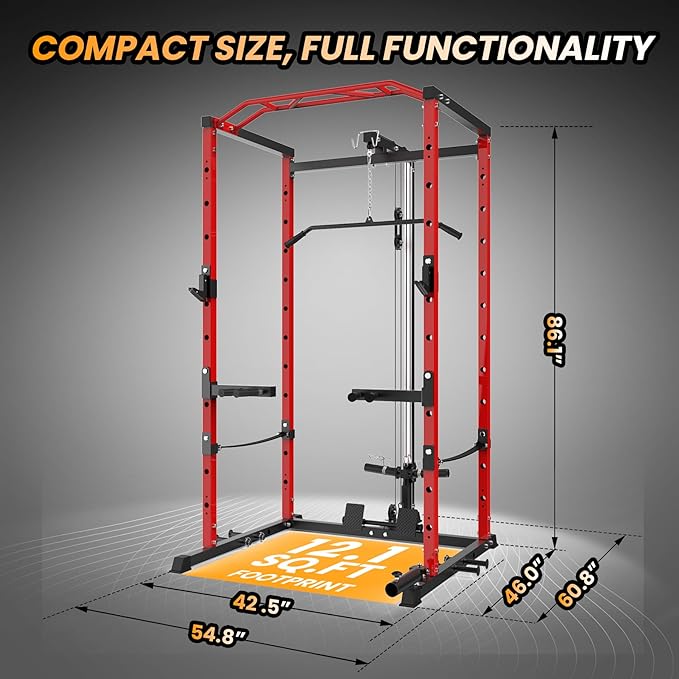 Power Cage with LAT Pulldown Machine - Squat Rack for Home Gym, Multi-Functional Weight Cage with Cable Pulley System, Dip Bars & Landmine Attachment