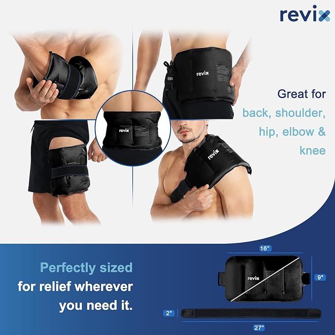 REVIX 16" × 9" Flexible Gel Ice Packs Reusable for Lower Back with Strap, Dual-Sided Soft Body Ice Wraps for Shoulder, Neck, Abdomen and Leg Relief, Black 2 Packs