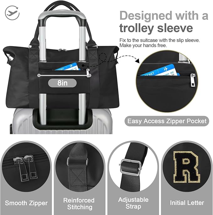 Dance Gym Duffel Bag for Teen Girls, Personalized Initial Travel Weekender Bag,Cute Overnight Carry On Duffle for Women,Sports Travel Cheer Bag,Monogram Christmas Gifts for Tween Preppy(black-R)