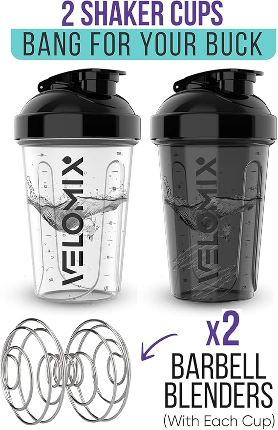 VELOMIX -2 Pack- 20 oz Protein Shaker Bottles for Protein Mixes - 2x Wire Whisk | Leak Proof Shaker Cups for Protein Shakes and Pre Workout | Protein Shaker Bottle Pack (Black/Transparent)