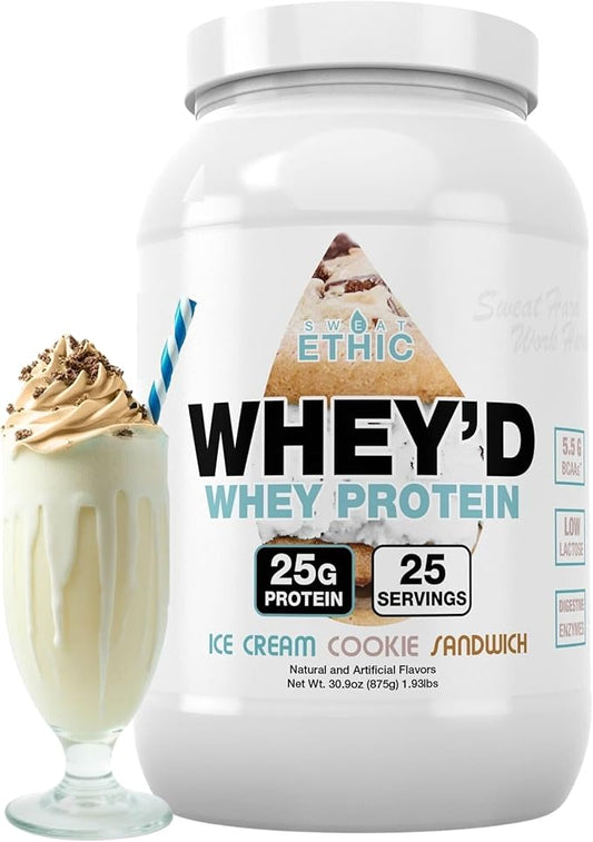 Sweat Ethic Whey'd Protein Powder, 25 G Whey Protein Blend with Concentrate (30 Ounce, Ice Cream Cookie Sandwich)