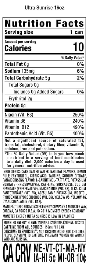 Monster Energy Ultra Sunrise, Sugar Free Energy Drink, 16 Fl Oz (Pack of 24)