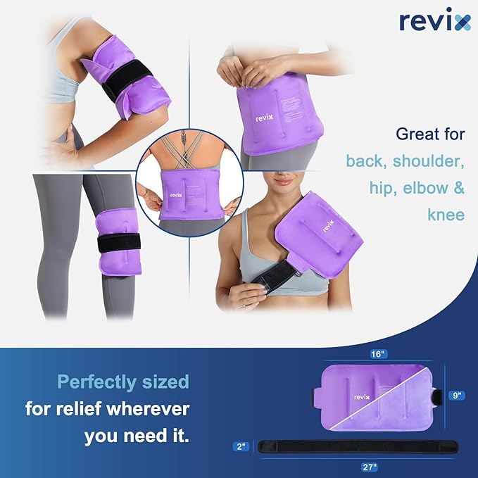 REVIX 2-Pack Large Cold Packs for Back, Rotator Cuff, Hip, Knee, and Shin, Versatile Cold Compress with Soft Plush Lining and Strap, 16" × 9"