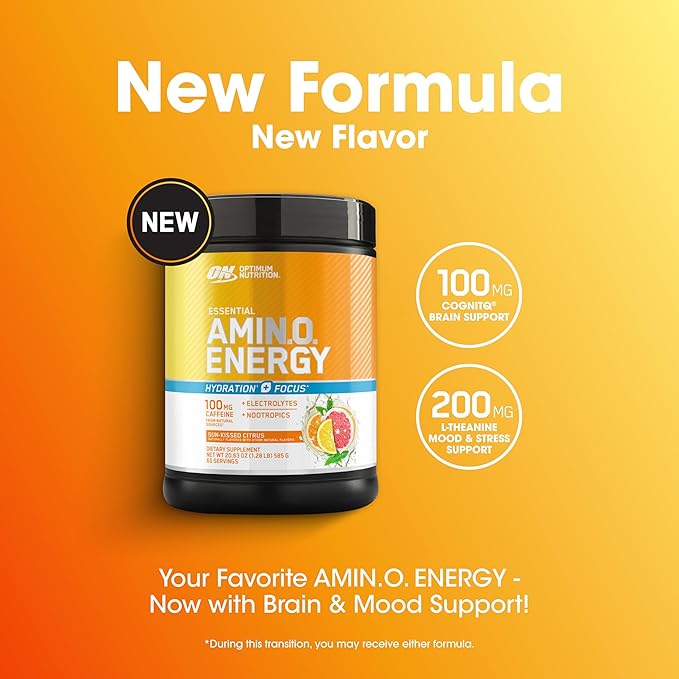 Optimum Nutrition Amino Energy Powder Plus Focus, with BCAA, Electrolytes, and Caffeine, Sunkissed Citrus, 65 Servings (Packaging May Vary)