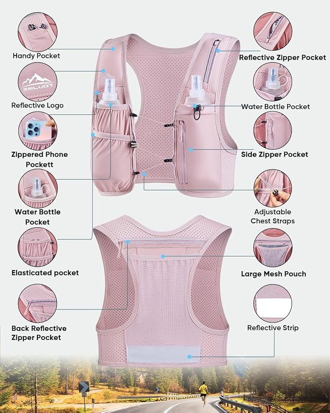Running Vest for Women Men, USA Original Patent, Adjustable Chest Straps Running Hydration Vest with 500ml Soft Flask, Lightweight Reflective Hydration Backpack for Marathon