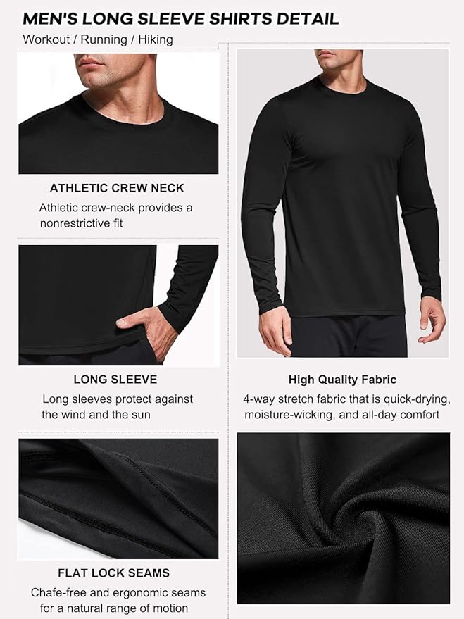 Men's 1, 3 or 5 Pack Performance Long Sleeve T-Shirts, UPF 50+ Sun Protection Shirts, Athletic Gym Workout Shirts for Running