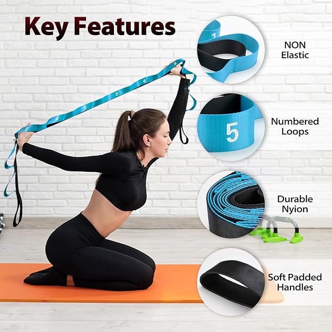 Stretching Strap with 10 Loops-Yoga Strap for Physical Therapy,Home Workout,Pilate & Flexibility Training,Non Elastic Exercise Stretch Band for Hamstring,Leg Stretcher Belt,Flexibility Fascia