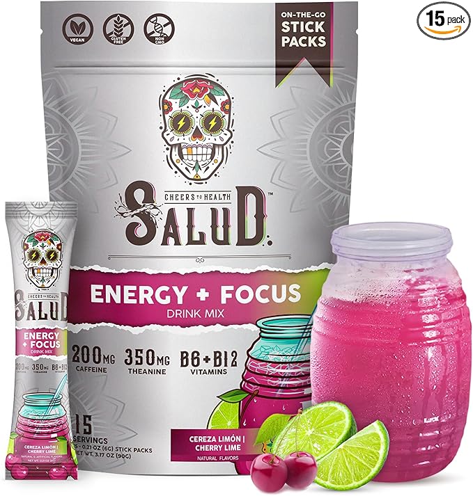 Salud 2-in-1 Energy Drink Powder + Focus, Cherry Lime, Organic Caffeine, B6 + B12, Theanine, Clean Energy Drink Packets, Agua Fresca Mix, Non-GMO, Gluten Free, Vegan, 1g of Sugar, (15 Servings)