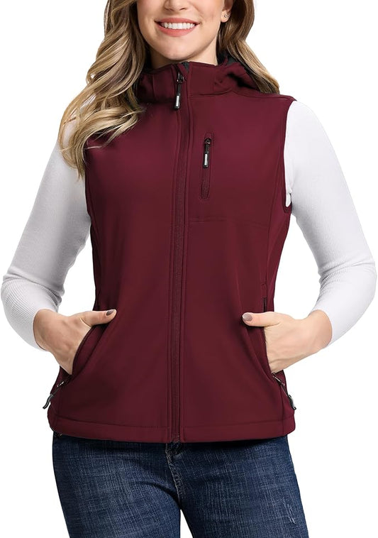Outdoor Ventures Women's Hooded Lightweight Softshell Vest, Windproof Fleece Lined Sleeveless Jacket for Golf Running Travel