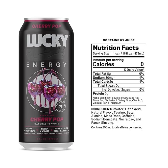 Lucky Energy Sugar Free Energy Drinks, Cherry Pop, 16oz Cans (12-Pack) Healthy, Zero Sugar Energy Drink with Maca, Ginseng, Beta-Alanine, Taurine & 200mg Caffeine