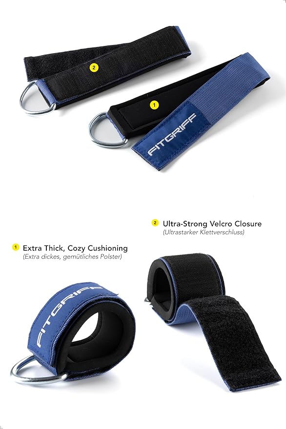 Fitgriff® Ankle Straps V2 for Cable Machine (2 Pieces) - Gym Workout Equipment - Leg Pulley Attachment, Kickback Straps