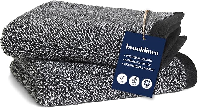 Brooklinen Super-Plush Turkish Cotton Washcloths Set of 2 Cotton, 820 GSM, Highly Absorbent, Machine Washable, Perfect for Home & Bathroom (13" x 13", Marlled Black)