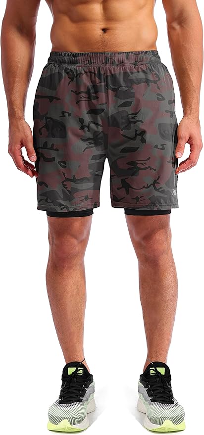 Pudolla Men’s 2 in 1 Running Shorts 5" Quick Dry Gym Athletic Workout Shorts for Men with Phone Pockets
