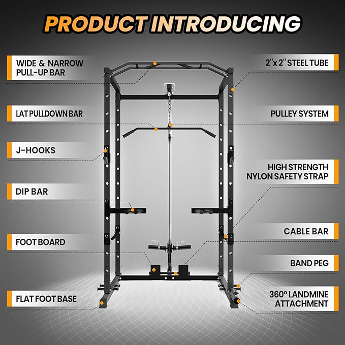 Power Cage with LAT Pulldown Machine - Squat Rack for Home Gym, Multi-Functional Weight Cage with Cable Pulley System, Dip Bars & Landmine Attachment
