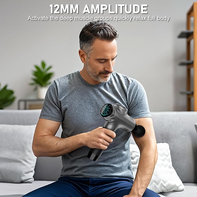 RAEMAO Massage Gun, Massage Gun Deep Tissue, Back Massage Gun for Athletes for Pain Relief Attaching 10 PCS Replacement Heads, Percussion Massager with 10 Speeds & LED Screen, Grey