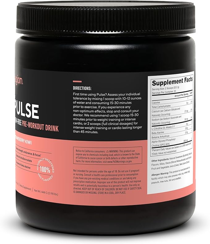 LEGION Pulse Pre Workout Supplement - All Natural Nitric Oxide Preworkout Drink Creatine Free Naturally Sweetened Beta Alanine Citrulline Alpha GPC - Caffeine Free Strawberry Kiwi Pre Workout Powder