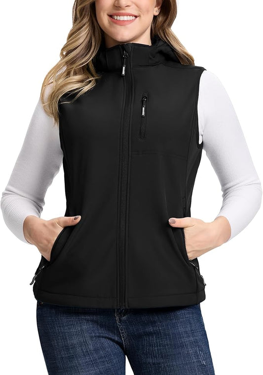 Outdoor Ventures Women's Hooded Lightweight Softshell Vest, Windproof Fleece Lined Sleeveless Jacket for Golf Running Travel