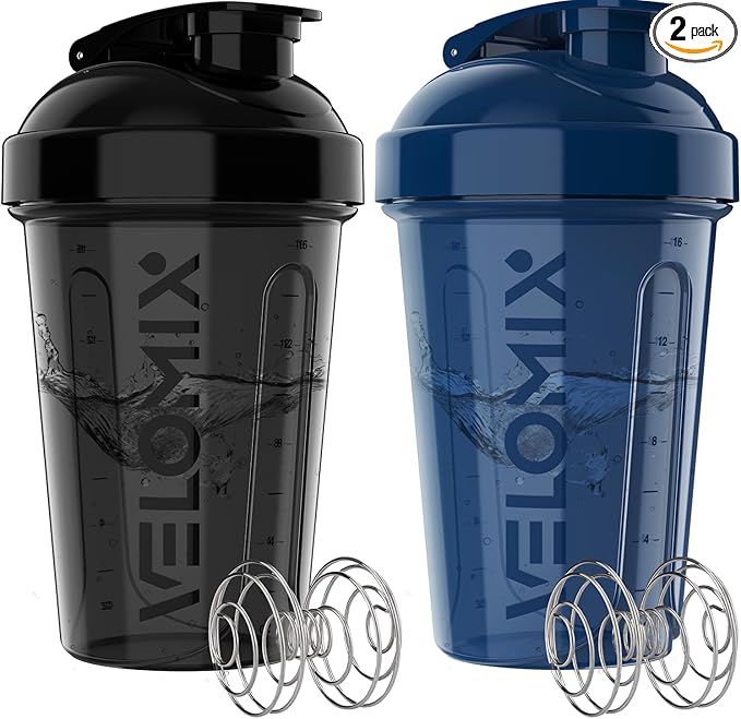 VELOMIX -2 Pack- 20 oz Protein Shaker Bottles for Protein Mixes - 2x Wire Whisk | Leak Proof Shaker Cups for Protein Shakes and Pre Workout | Protein Shaker Bottle Pack (Blue/Black)