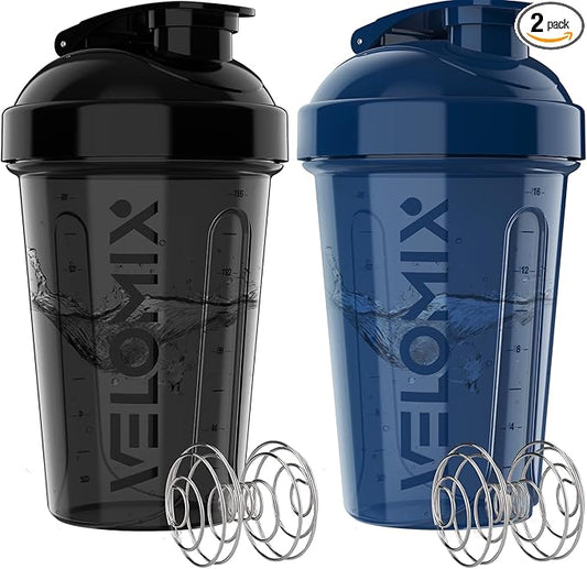 VELOMIX -2 Pack- 20 oz Protein Shaker Bottles for Protein Mixes - 2x Wire Whisk | Leak Proof Shaker Cups for Protein Shakes and Pre Workout | Protein Shaker Bottle Pack (Blue/Black)