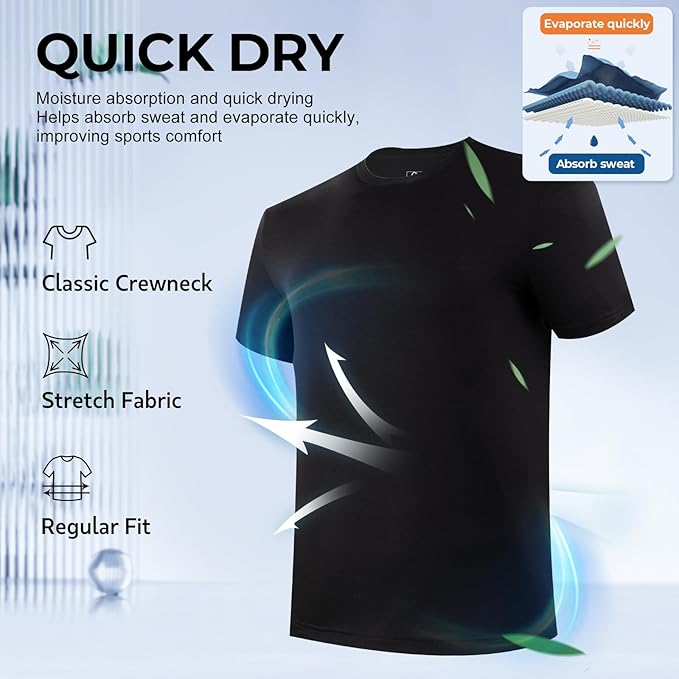 BAMBOO COOL Men's Undershirt Moisture-Wicking T-Shirts Stretch Crewneck Soft Tees for Men,3 Pack