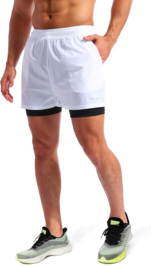 Pudolla Men’s 2 in 1 Running Shorts 5" Quick Dry Gym Athletic Workout Shorts for Men with Phone Pockets