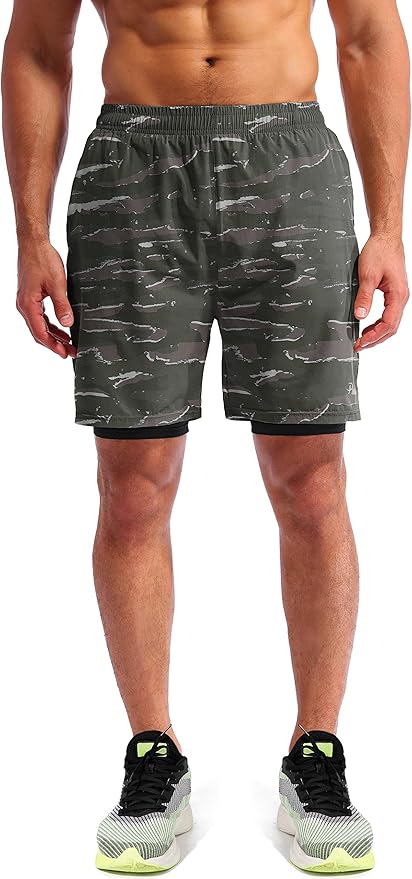 Pudolla Men’s 2 in 1 Running Shorts 5" Quick Dry Gym Athletic Workout Shorts for Men with Phone Pockets
