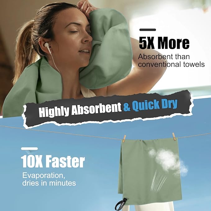 Quick Dry Travel Towel, 3 Sizes 1 Pack Camping Microfiber Towel, Lightweight Fast Drying Towels Set 60"x30", 30"x15", 15"x15" w/Bag for Gym, Beach, Hiking, Swimming, Army Green