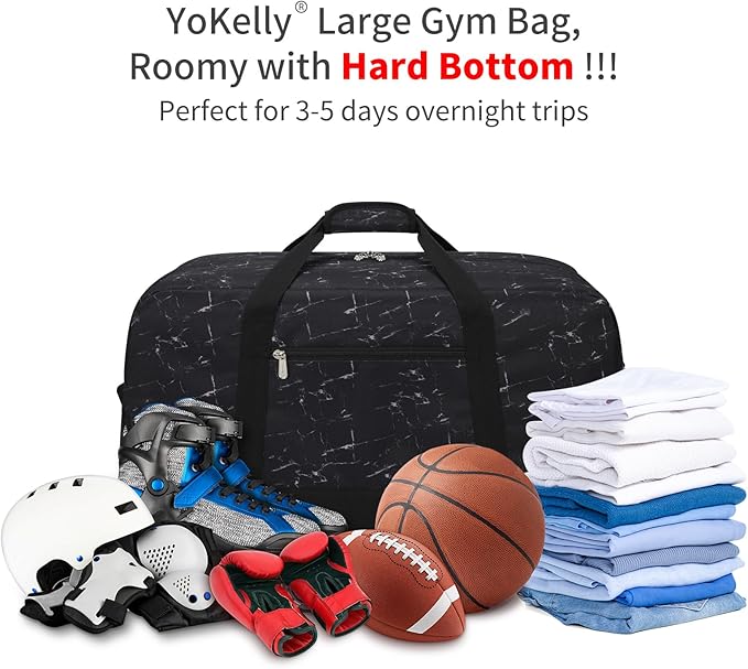 55L Mens Duffle Bag for Travel - 25 inch Sports Duffel Bag with Hard Bottom - Marble Black