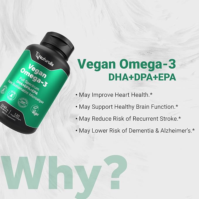Naturalis Vegan Omega 3 DHA, EPA & DPA from Algae | Vegan Society Certified, Sustainably Sourced, True Full Spectrum | 120 Veggie Softgels (Carrageenan Free)